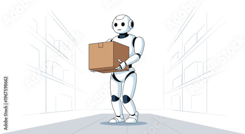 A white humanoid robot stands in a warehouse aisle holding a single brown cardboard box.
