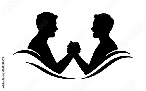 Two figures in a symbolic arm wrestling match, emphasizing strength and competition.