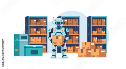 A humanoid robot stands holding a cardboard box in a warehouse filled with shelves of packages and machinery.