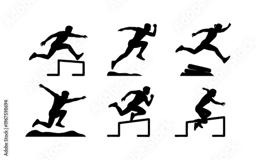 Athletes in motion, illustrating dynamic hurdling and running forms.