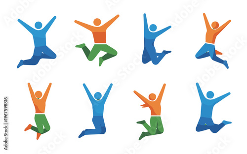 Eight colorful, minimalist figures exuding energy and motion.