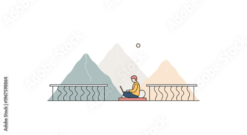 A person sits on a red cushion working on a laptop on a balcony overlooking three stylized mountains and a yellow sun.