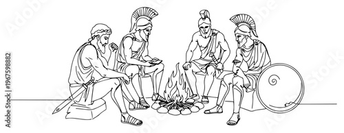 Spartan Warriors Sitting by Campfire One Line Art Sketch Ancient Greek Soldiers Around Fire Illustration