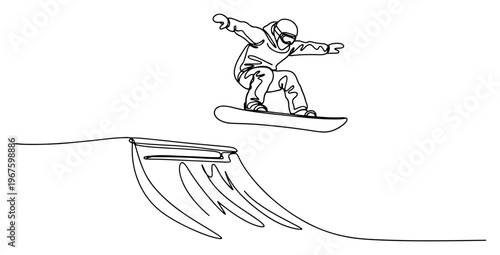 Snowboarder Jumping in Halfpipe One Line Art Sketch Winter Sports Action and Snowboarding Illustration
