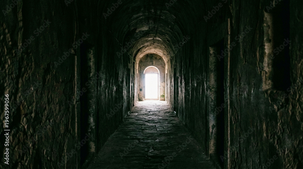 Obraz premium Ancient Stone Corridor With Light-Filled Archway At The End Of Dark Tunnel