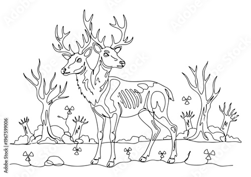 Surreal Two Headed Deer in Radioactive Forest Post Apocalyptic Mutant Stag One Line Art Sketch