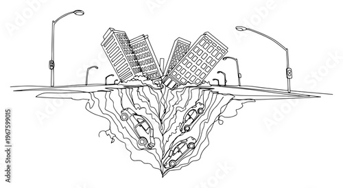 City Sinkhole Earthquake Disaster with Collapsing Buildings and Cars One Line Art Minimalist Emergency Sketch