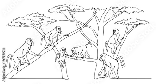 Monkeys Climbing Trees in African Savanna Landscape One Line Art Continuous Minimalist Wildlife Animals Sketch