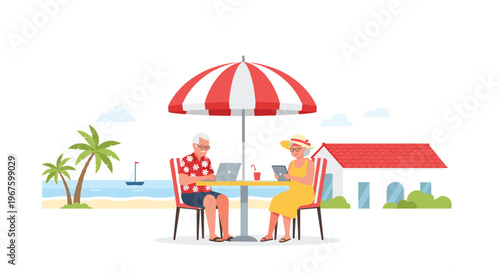 An elderly couple works on a laptop and tablet at a table under an umbrella near a beach house.