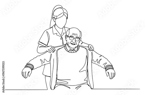 Caregiver Helping Senior Man Putting on Jacket Continuous One Line Art Minimalist Elderly Care Sketch