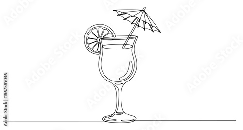 Tropical Cocktail Glass with Umbrella and Lemon Slice Continuous One Line Art Minimalist Beverage Sketch