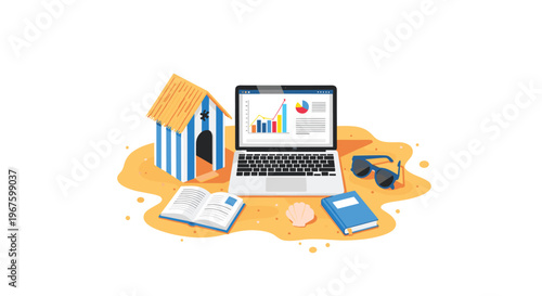 A laptop showing a bar chart sits on a sandy beach next to a striped beach hut and books.