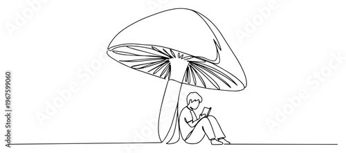 Boy Reading Book Under Giant Mushroom Fairytale One Line Art Continuous Minimalist Surreal Sketch