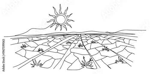 Cracked Dry Earth Under Hot Sun Global Warming Drought Continuous One Line Art Minimalist Sketch