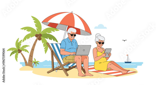 An elderly couple works on a laptop and tablet on a sunny beach under a striped umbrella.
