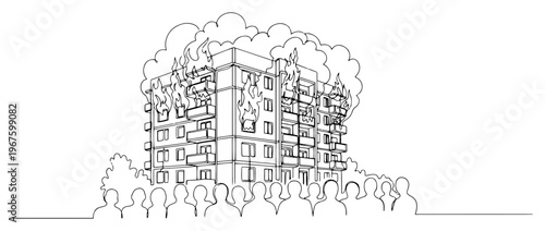 Burning Apartment Building with Smoke and People Watching Continuous One Line Art Minimalist Fire Emergency Sketch