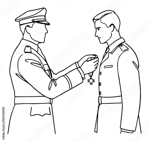 Military Officer Pinning Medal on Soldier Continuous One Line Art Minimalist Award Ceremony Sketch