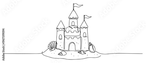 Sandcastle with Sea Shells on Beach Continuous One Line Art Minimalist Summer Vacation Sketch