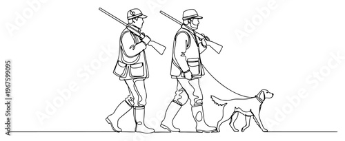 Hunters with Rifles and Dog Walking in Field Continuous One Line Art Minimalist Hunting Sport Sketch