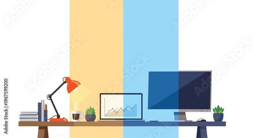 A split-screen workspace shows a desk lamp, books, and a laptop in warm yellow light, contrasted with a monitor in cool blue light.