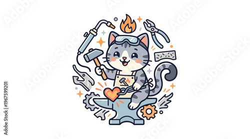 Cute Cartoon Cat Blacksmith with Tools