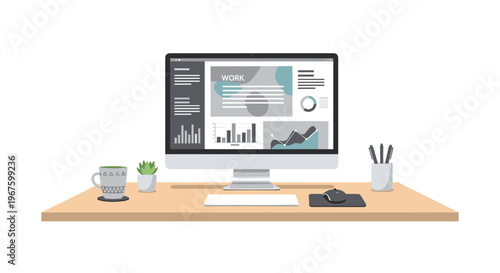 A modern desktop computer displaying a WORK dashboard sits on a light brown desk with a plant, coffee cup, and pen holder.