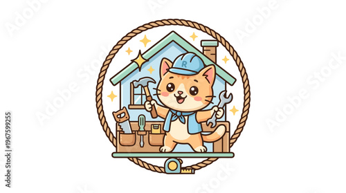 Cute Cartoon Cat Home Repairing Logo