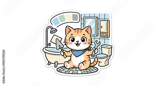 Cute Cartoon Cat Plumber in Bathroom Setting
