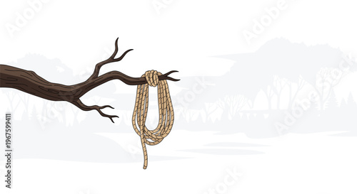 A coiled light brown rope is tied around a dark brown tree branch extending from the left with a faint forest background.