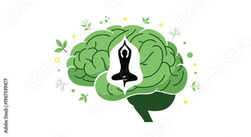 A large green brain with a meditating figure inside a leaf shape is surrounded by small leaves and dots on a white background.