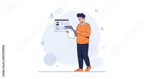 Man reviewing resume on tablet, online job application, recruitment concept