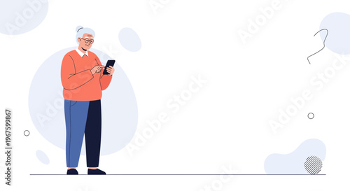 Elderly woman using smartphone, modern technology, digital connection, flat design