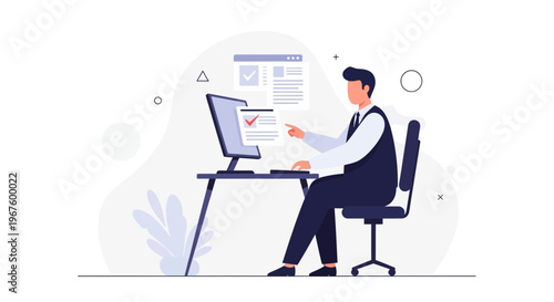 Man working on computer, checking tasks and documents, business concept illustration