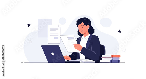 Businesswoman working at desk with laptop, documents, and books, modern flat illustration