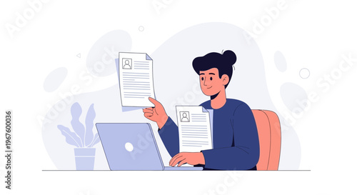 Person reviewing resumes at a laptop, hiring process, job search, recruitment concept