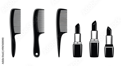 Black and white illustration of combs lipsticks and cosmetic tools