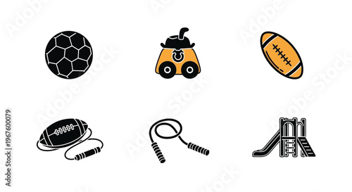 Collection of black sport and playground equipment icons on white