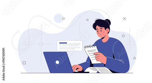 Young person working on laptop, taking notes, focused on tasks, remote work concept