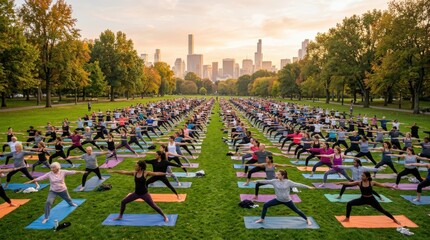Large group practicing yoga outdoors city.