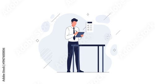 Businessman working on tablet, making notes, modern office flat design illustration