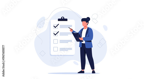 Businesswoman checking off tasks on a clipboard, planning and organization concept
