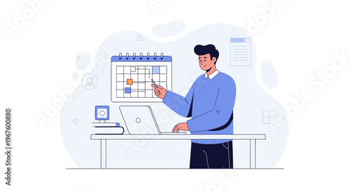 Man planning schedule on calendar with laptop, business concept illustration