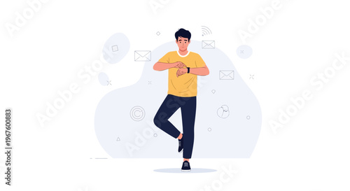 Man checking smartwatch while balancing on one leg, modern technology concept