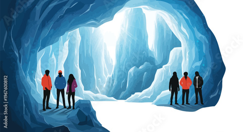 Group of people explore a stunning illuminated ice cave interior