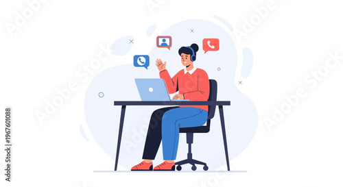 Customer service agent working on laptop with communication icons, remote work concept