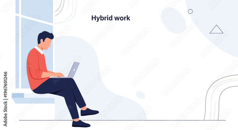 Naklejka premium Hybrid work concept: Man working on laptop at home near window, modern flat illustration