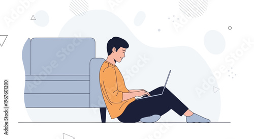Young man working on laptop sitting on floor next to sofa, modern illustration