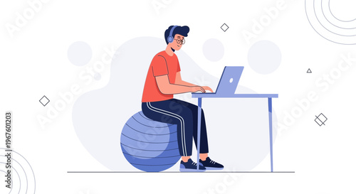 Man working on laptop on exercise ball, remote work, healthy lifestyle, home office
