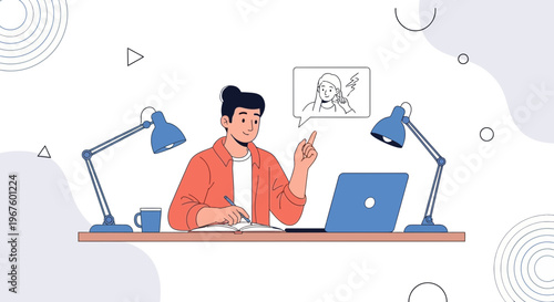 Man working from home with laptop and video call, two desk lamps, modern illustration