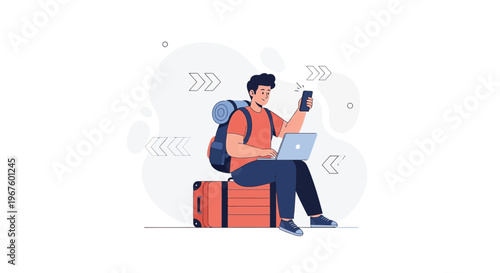 Young man with backpack using laptop and phone while sitting on luggage, travel concept